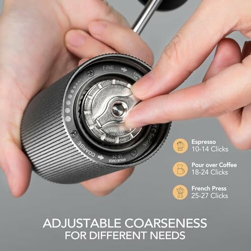 Adjustable coffee grinder showing coarseness settings for espresso, pour over, and French press.