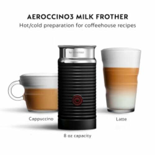 Aeroccino3 milk frother with cappuccino and latte.