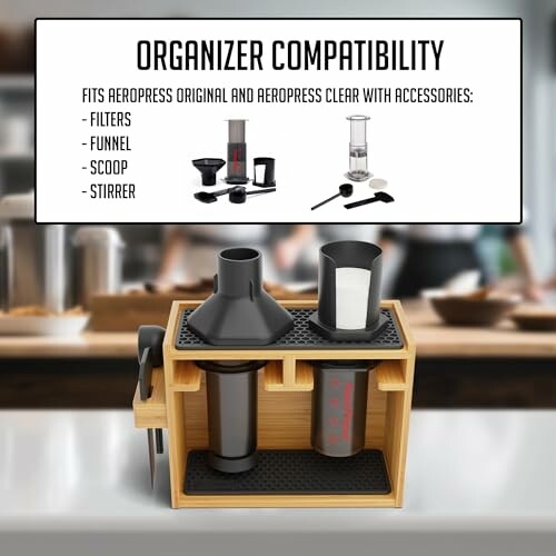 Aeropress organizer with accessories including filters, funnel, scoop, and stirrer.