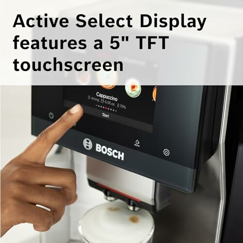 Hand using Bosch coffee machine with 5-inch TFT touchscreen.