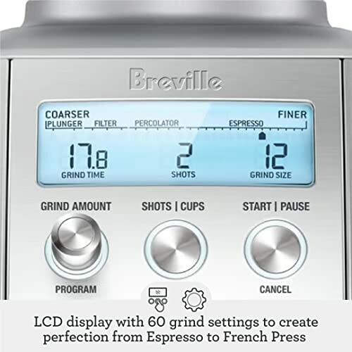 Breville coffee grinder display with grind settings and controls