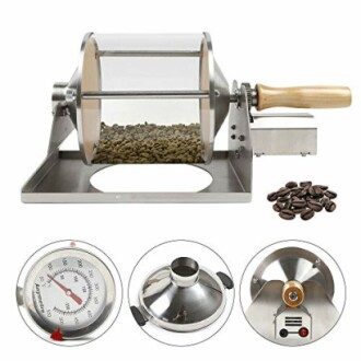 Manual coffee bean roaster with thermometer and wooden handle.