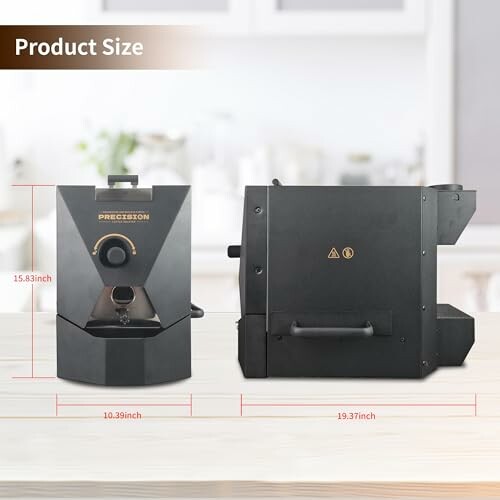 Coffee grinder with dimensions on a countertop