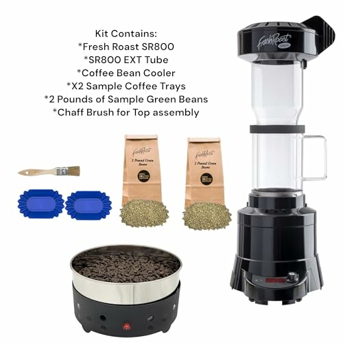 Coffee roaster kit with SR800, coffee beans, trays, and chaff brush.