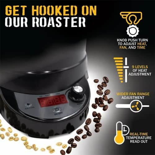 Coffee roaster features with heat, fan, and time adjustments.