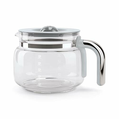 Clear glass coffee pot with a handle and lid.