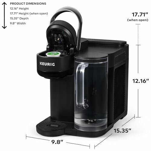 Keurig coffee maker with dimensions and open lid.