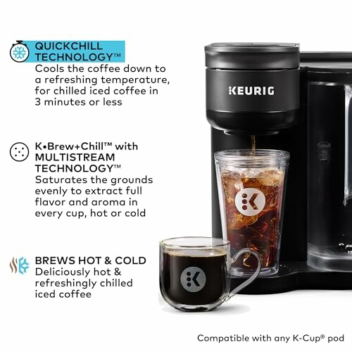 Keurig coffee maker with quickchill and multistream technology for hot and cold brewing.