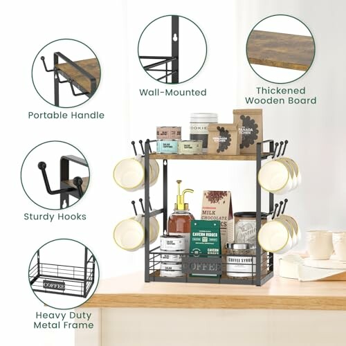 Kitchen counter rack with mugs and storage items, highlighting features like portable handle and sturdy hooks.