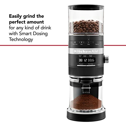 KitchenAid coffee grinder with Smart Dosing Technology displaying ground coffee.