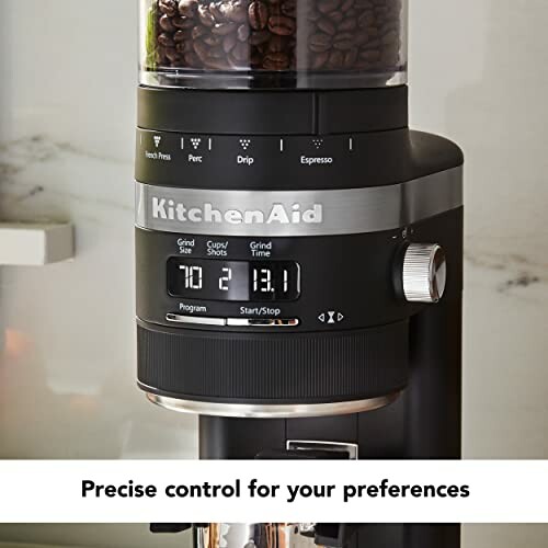 Close-up of KitchenAid coffee grinder with digital controls.