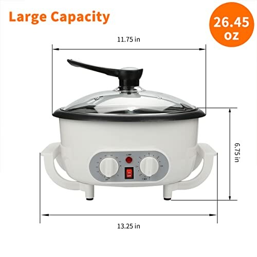 White slow cooker with measurements and 26.45 oz capacity label