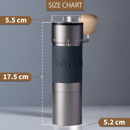 Manual coffee grinder with size chart, showing dimensions.