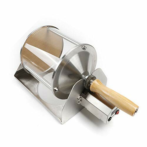 Manual coffee roaster with a wooden handle and stainless steel design.