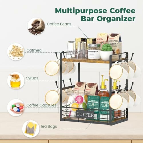 Multipurpose coffee bar organizer with various items like coffee beans, oatmeal, syrups, coffee capsules, and tea bags.