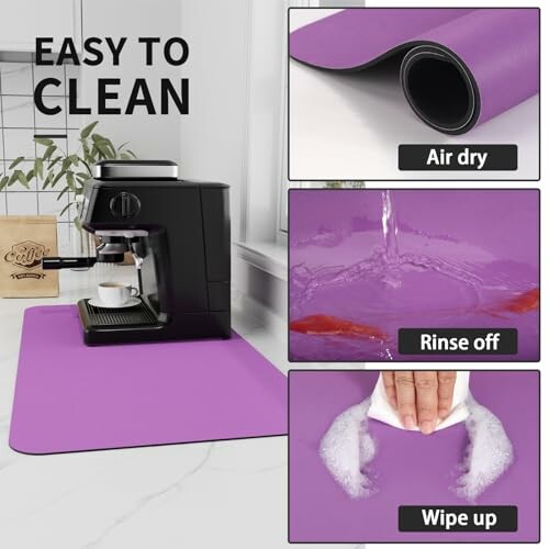 Purple kitchen mat with sections showing air drying, rinsing, and wiping.