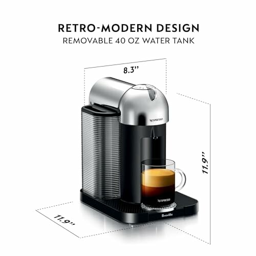 Retro-modern coffee machine with removable 40 oz water tank.