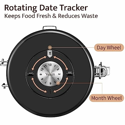 Rotating date tracker on food storage container lid with day and month wheels.