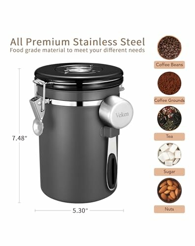 Stainless steel canister with a clasp lid, showing dimensions and uses for coffee beans, coffee grounds, tea, sugar, and nuts.