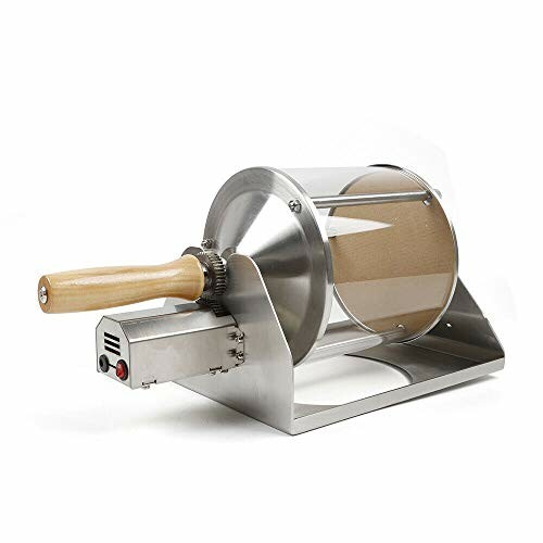 Stainless steel manual coffee roaster with a wooden handle.