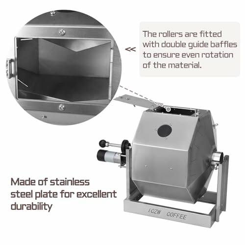 Stainless steel coffee roaster with guide baffles.