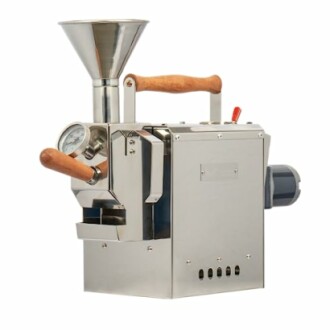 Stainless steel coffee roaster with wooden handles and a pressure gauge.