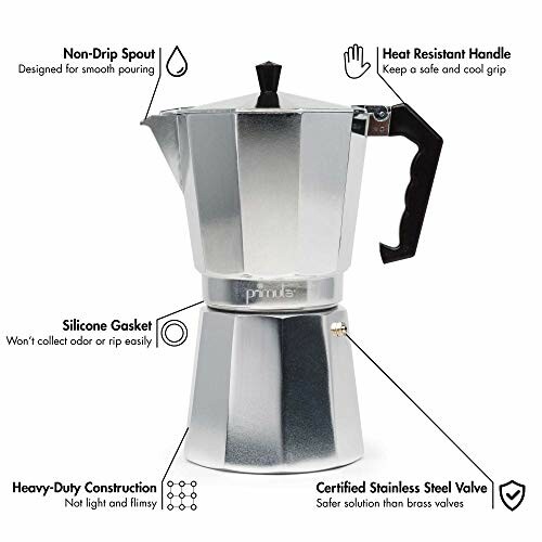 Diagram of a stovetop espresso maker with labeled features.