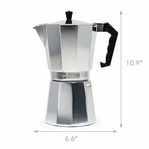 Silver stovetop espresso maker with dimensions.