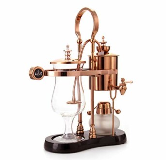 Vintage siphon coffee maker with copper finish and glass components.